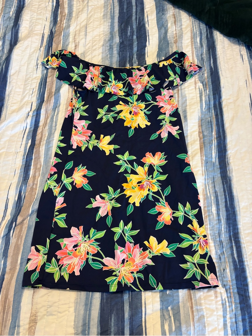 Tommy Bahama Navy Floral Off-Shoulder Dress with Pink & Yellow Flowers